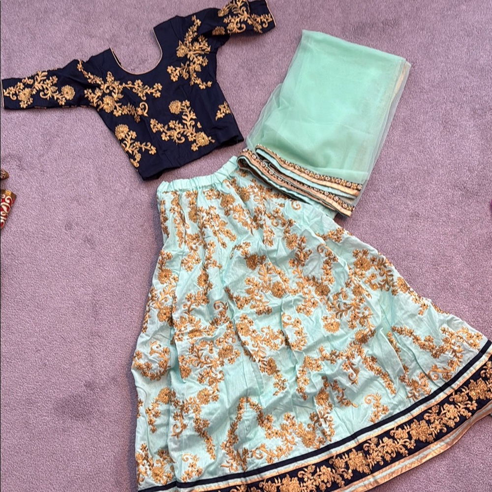 Elegant Black and Mint Green Embroidered Lehenga Set